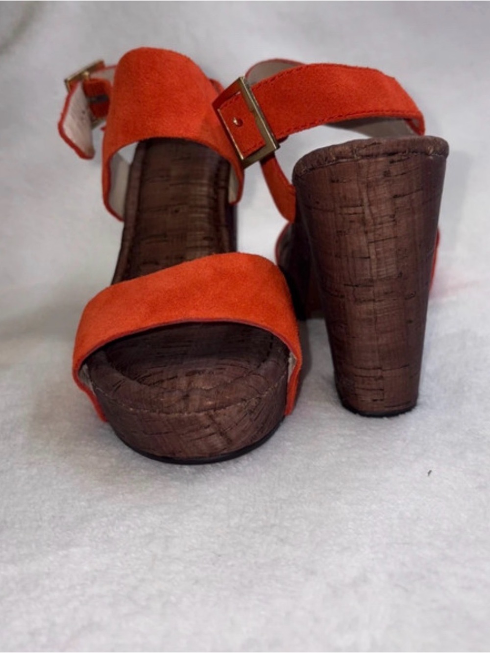 le chateau Orange Suede Platform Sandals with Cork-Look Block Heel